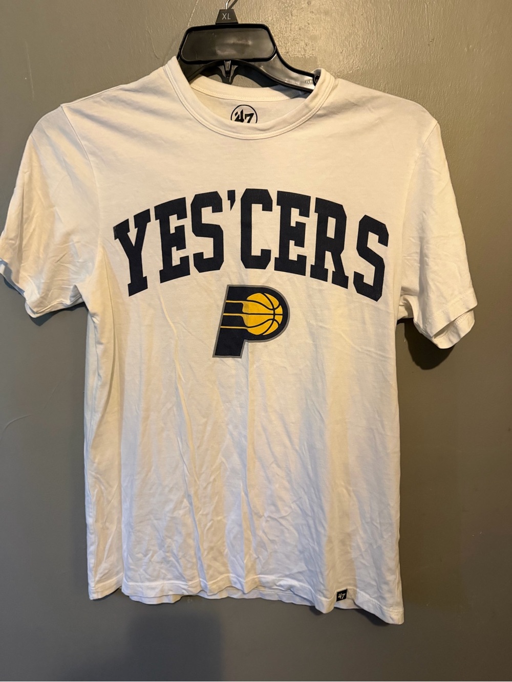 47 Men's White 'YES'CERS Indiana Pacers Graphic Tee with Navy and Yellow Logo